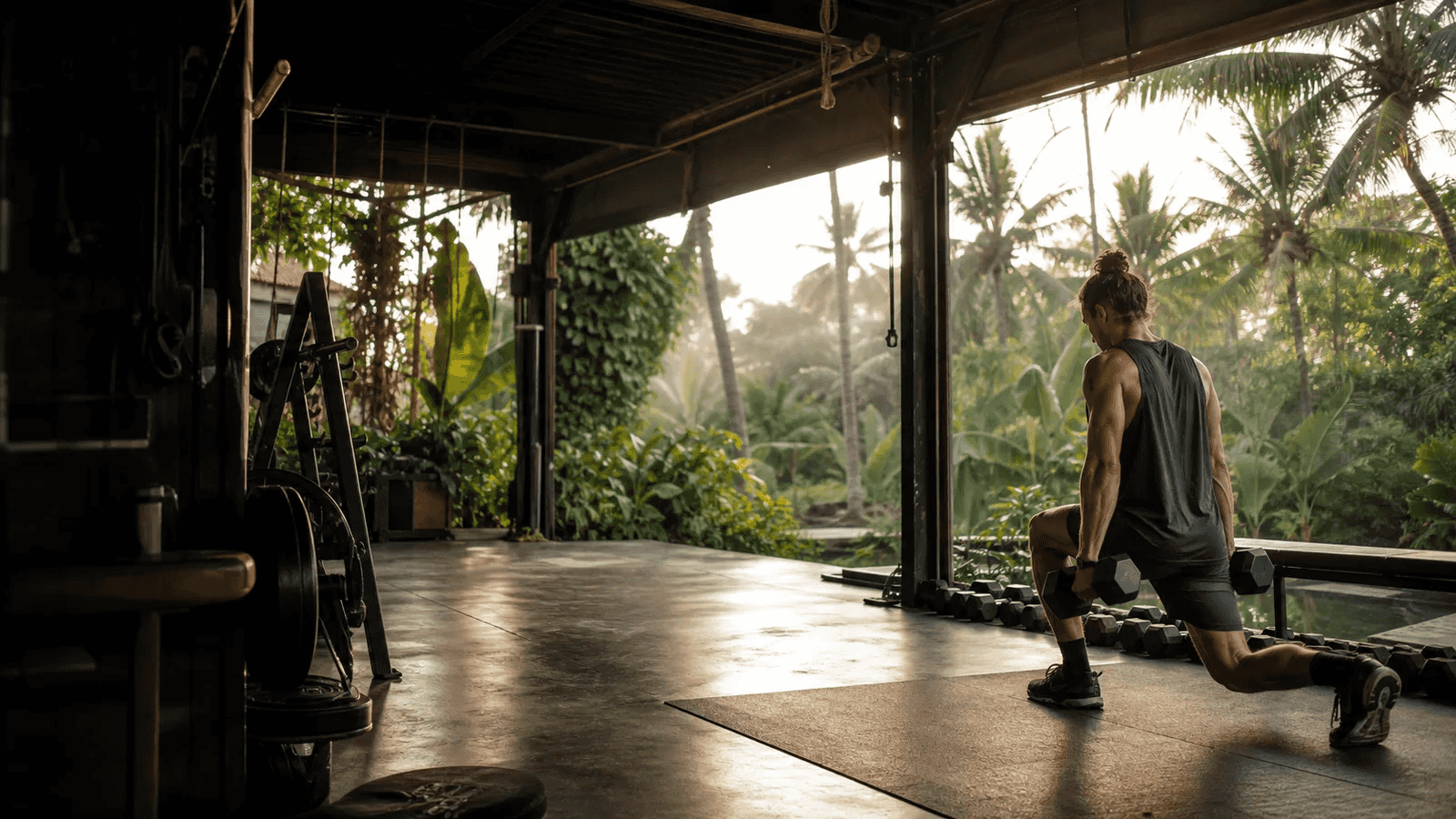 Digital nomad training with free weights in an open tropical gym in Canggu, Bali
