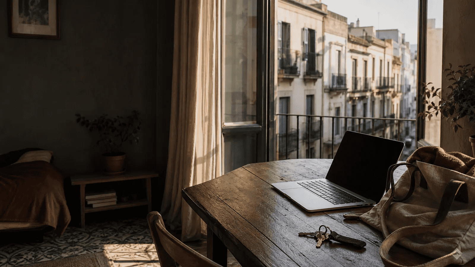 Furnished monthly rental with an open laptop and apartment keys beside a Mediterranean window