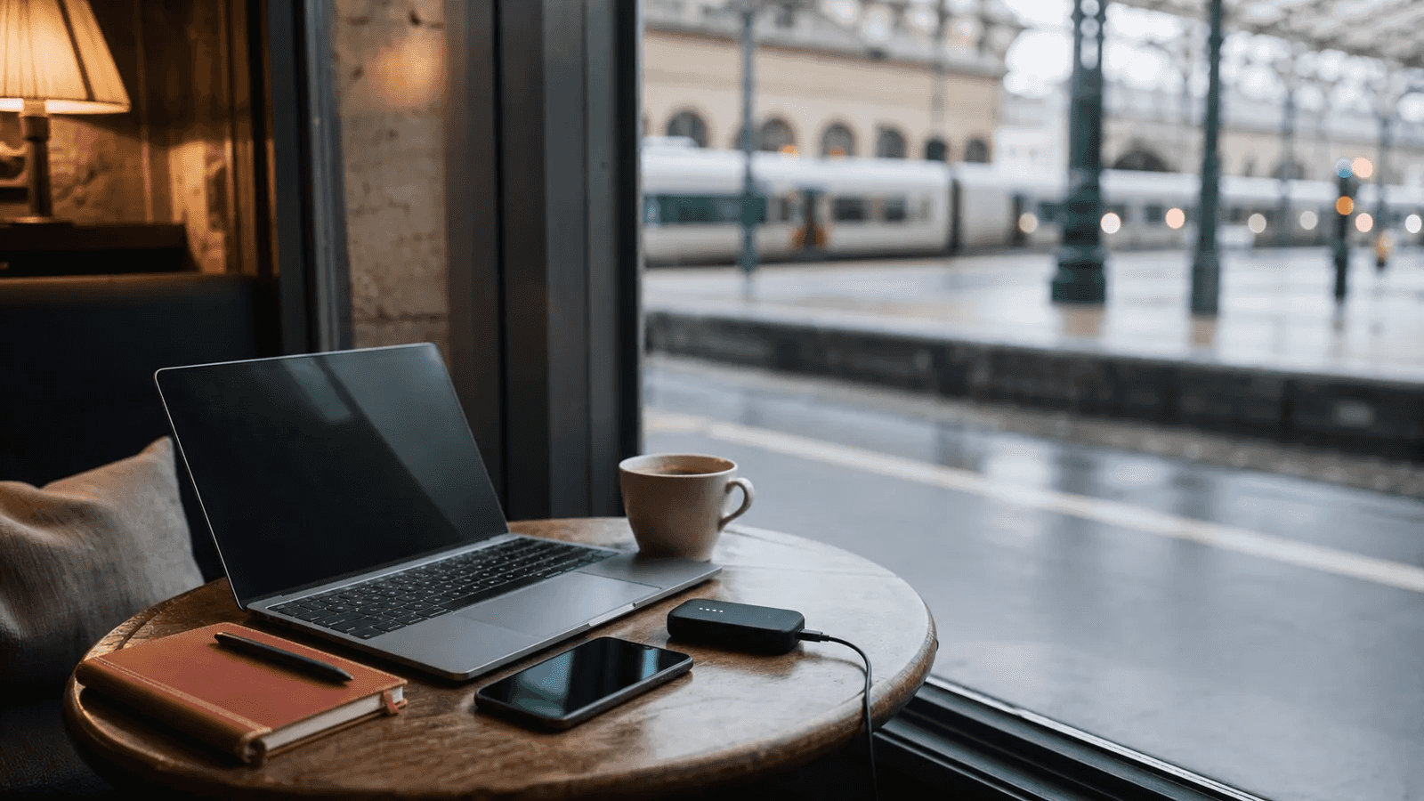 Laptop, phone, and compact mobile hotspot on a cafe table while traveling