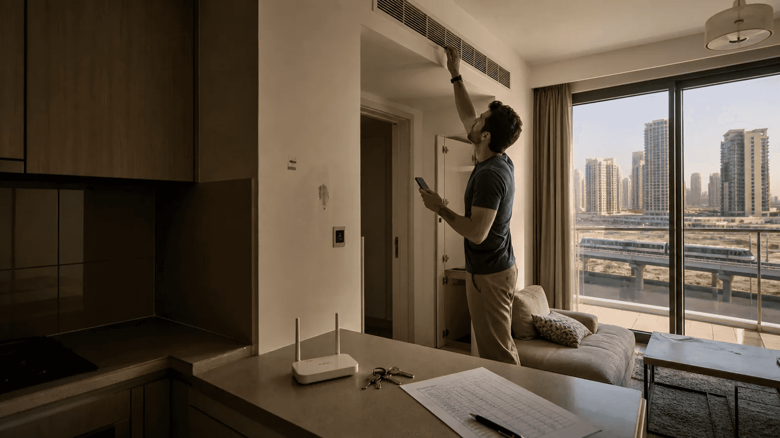 Digital nomad inspecting the air conditioning and inventory in a Dubai apartment