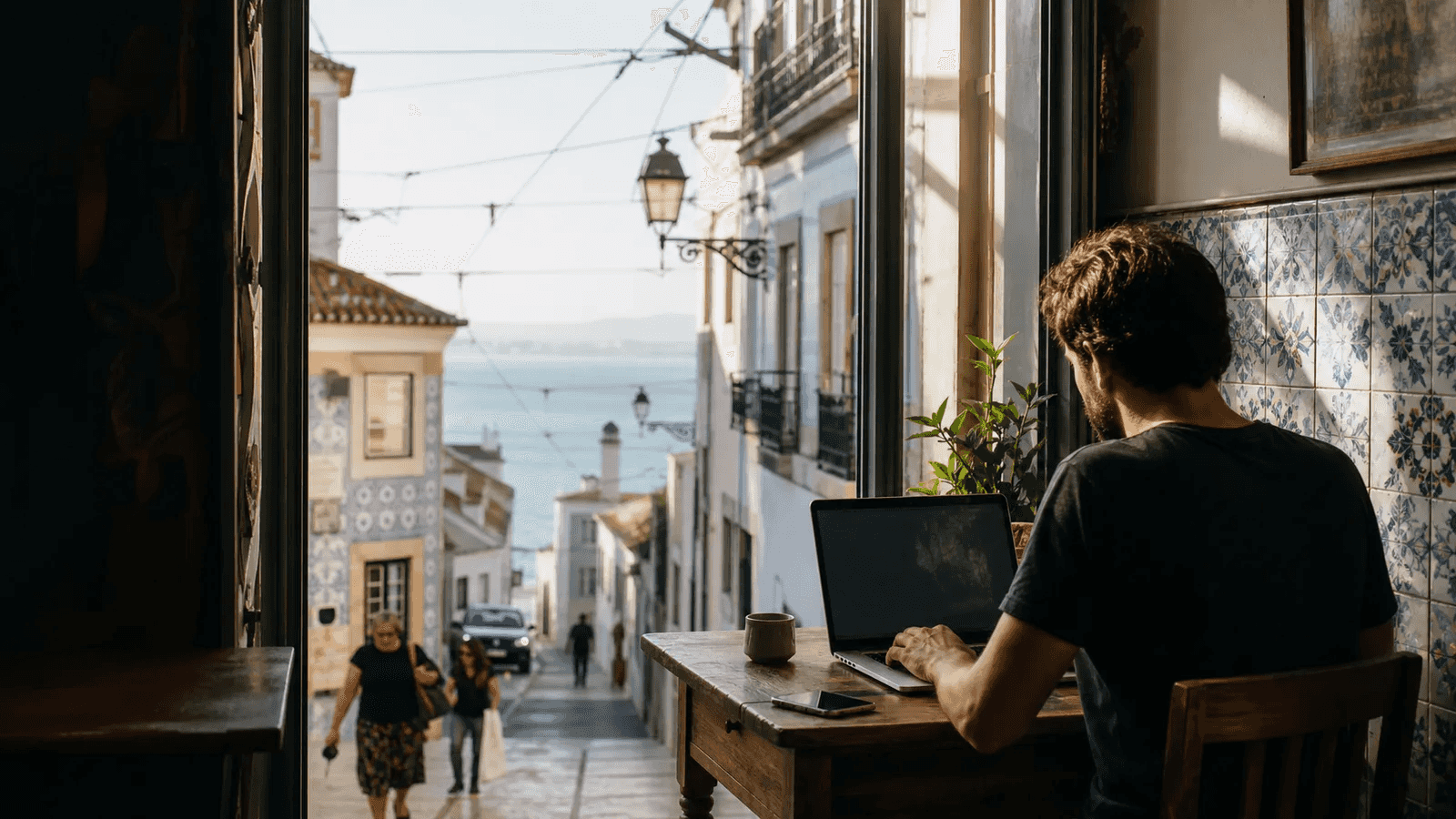 Digital nomad working beside blue and white tiles overlooking a Lisbon street and the Tagus