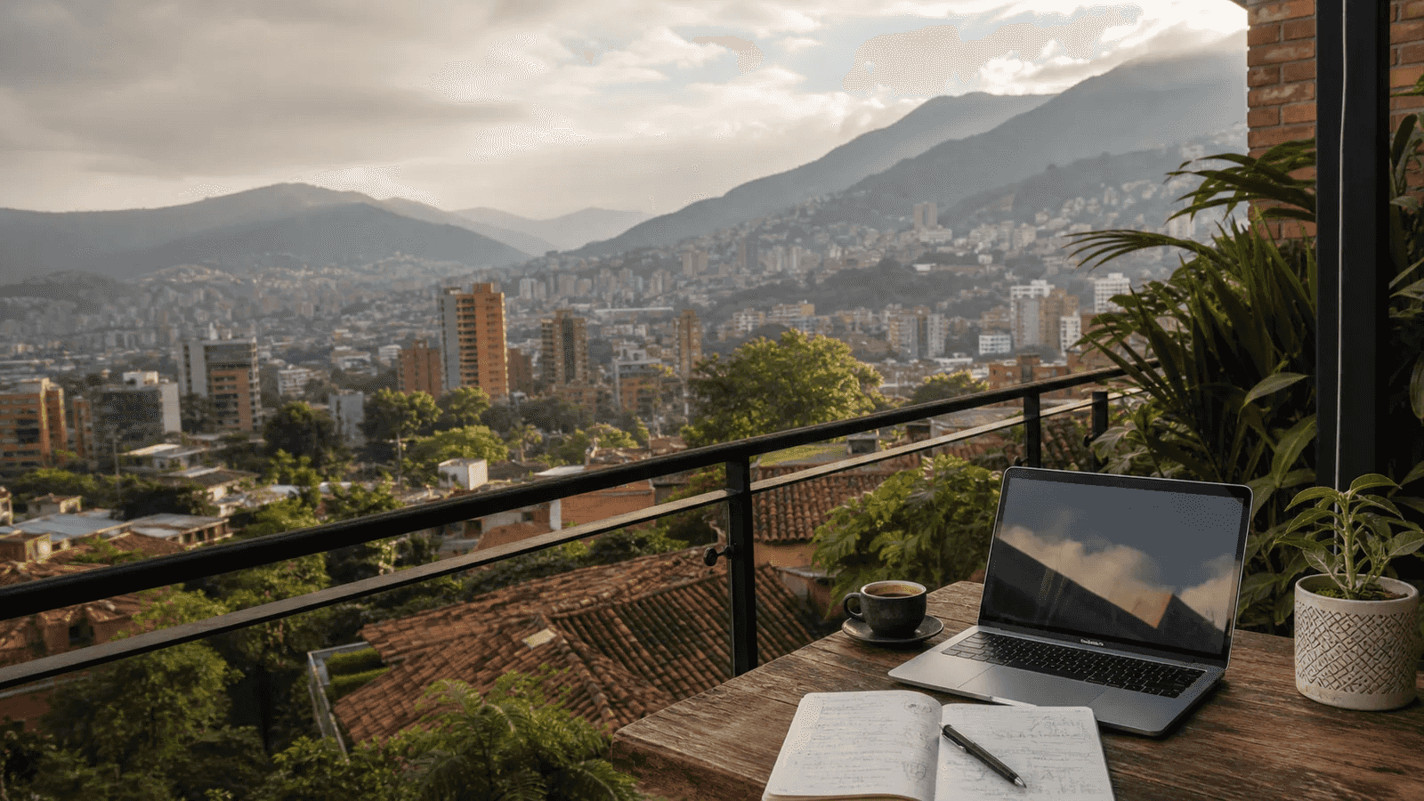 Medellin city and green mountain valley seen from a remote-work terrace
