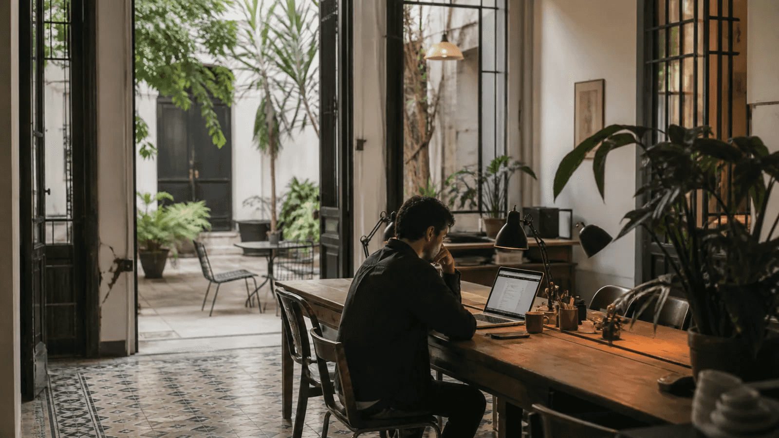 Remote worker in a leafy Roma-style coworking house in Mexico City