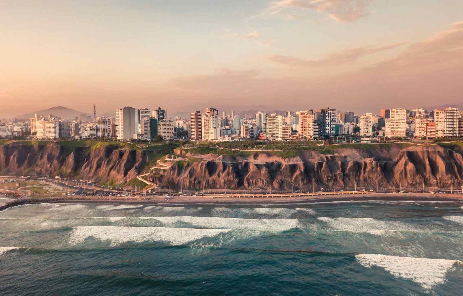 Pacific coastline cliffs and parks in Lima, Peru