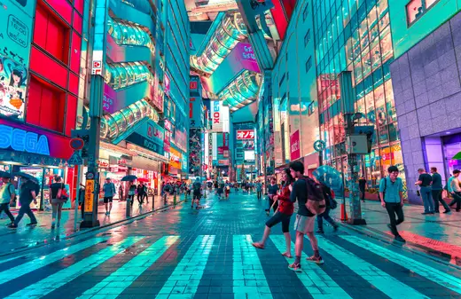 Tokyo night skyline with illuminated skyscrapers, Japan