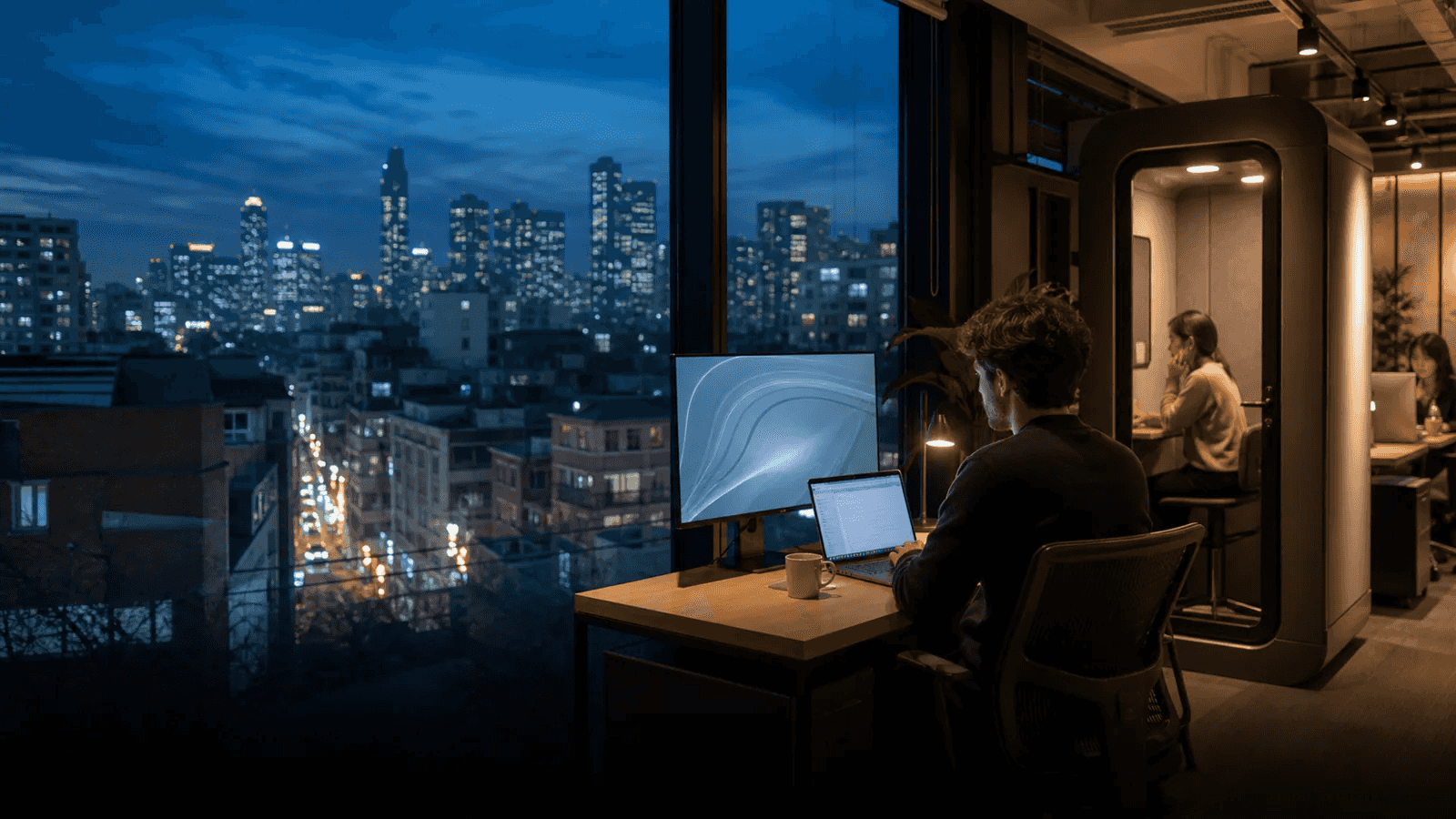 Remote professional working beside a phone booth in a Seoul coworking space at blue hour