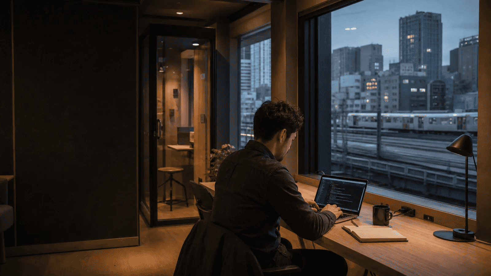 Remote professional working beside Tokyo rail lines in a refined coworking lounge