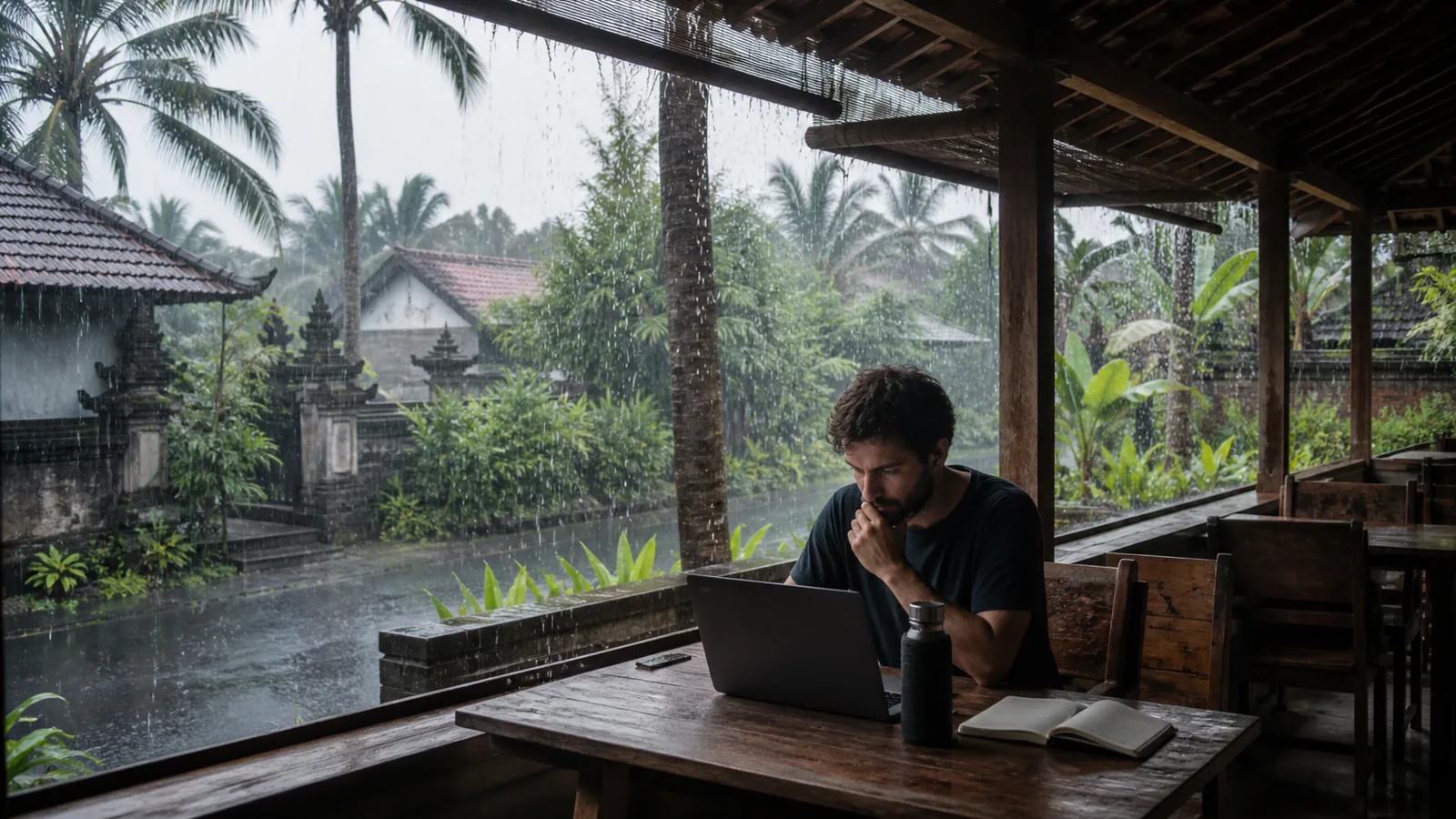 Digital nomad working under cover during heavy tropical rain in Canggu, Bali