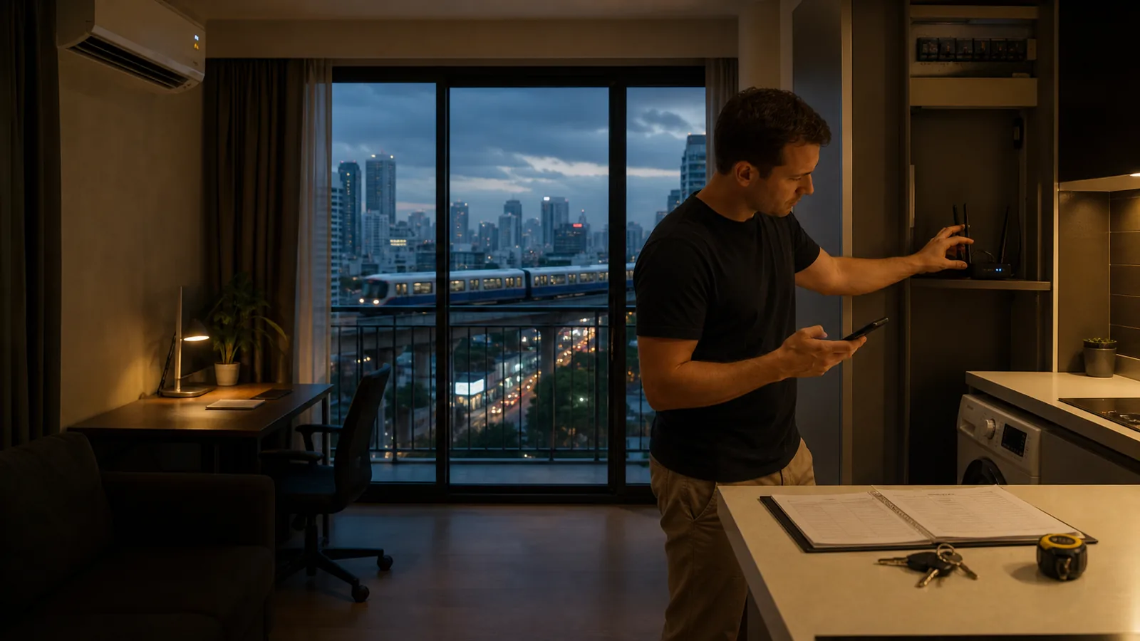 Digital nomad checking a router while inspecting a Bangkok condo at dusk