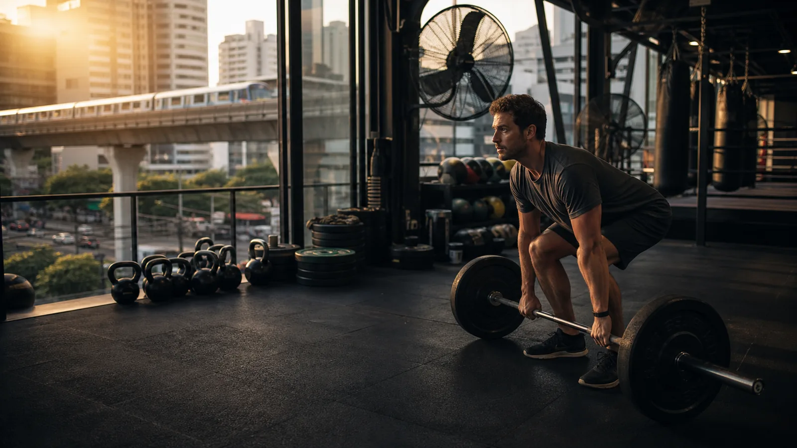 Remote professional training with free weights in a serious Bangkok gym beside the BTS