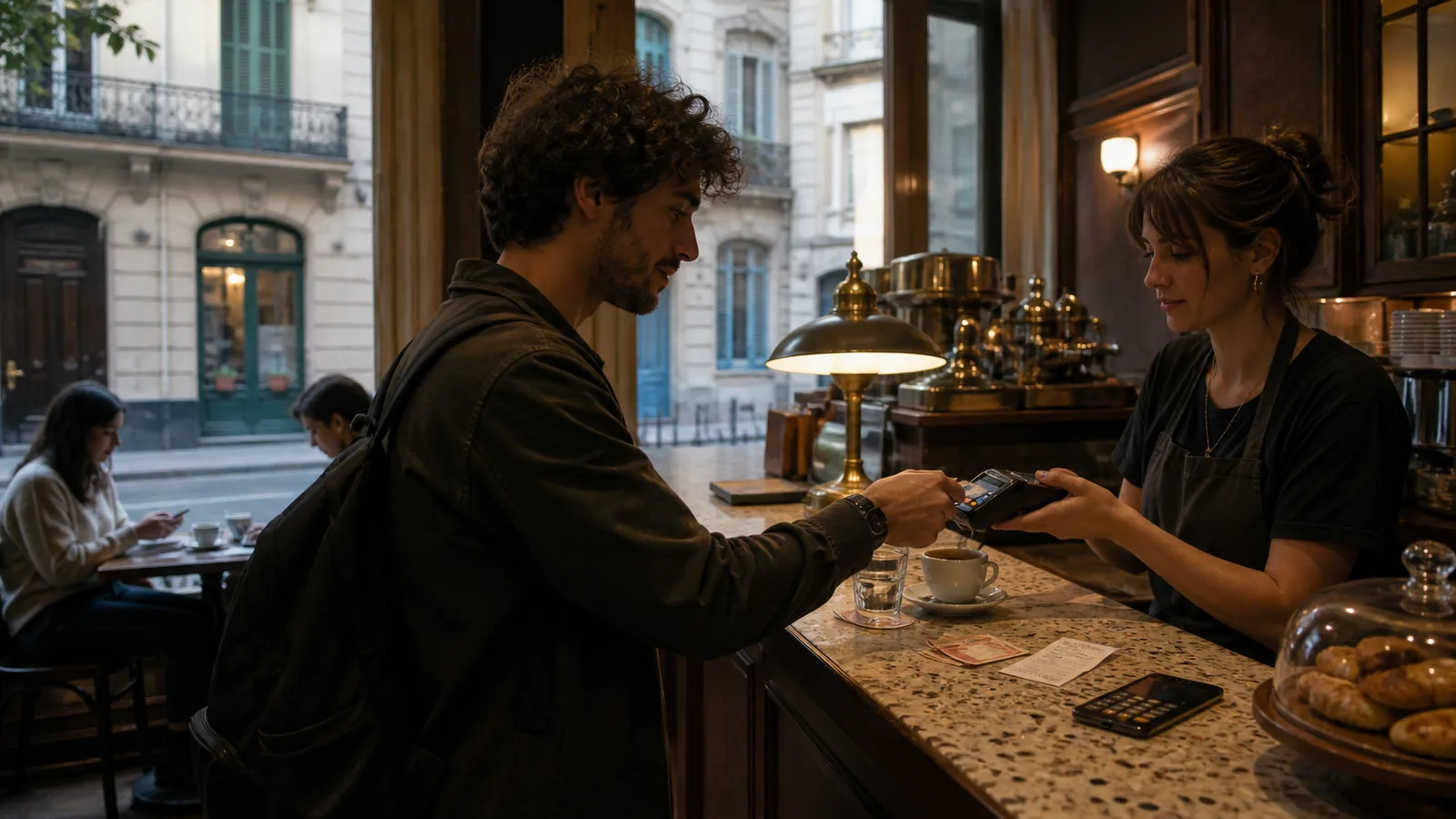 Traveler paying by contactless card at a traditional Buenos Aires cafe