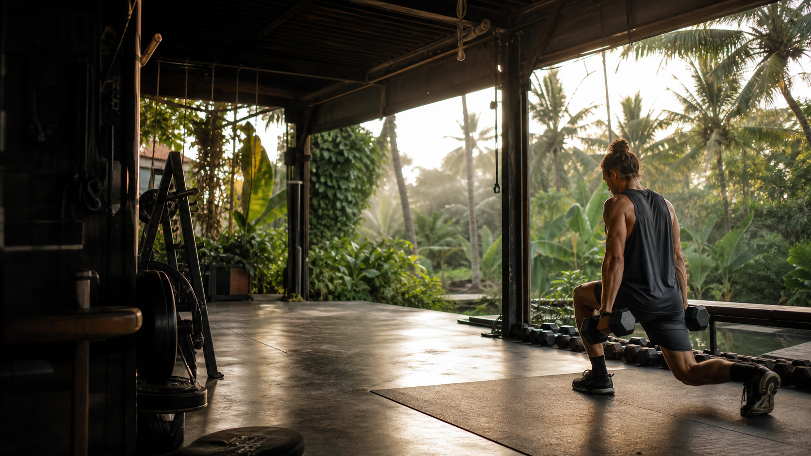 Digital nomad training with free weights in an open tropical gym in Canggu, Bali