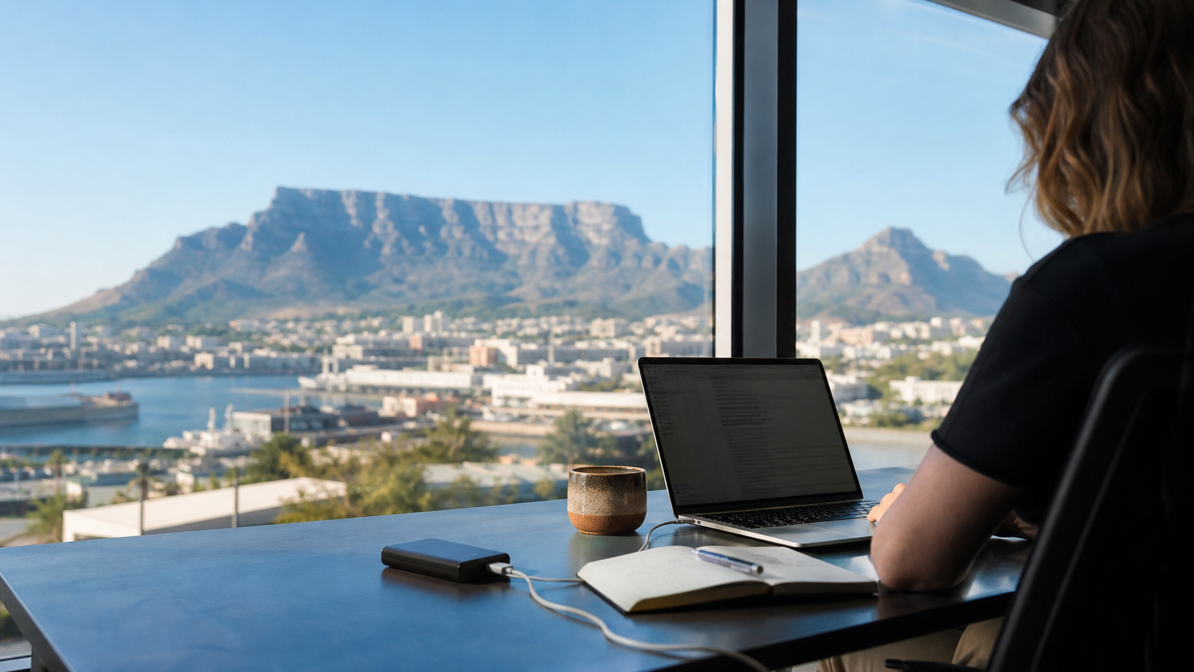 Remote worker at a Cape Town desk with Table Mountain and the Waterfront beyond