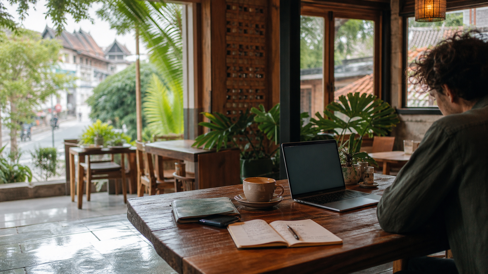 Digital nomad working in a warm wood coworking space in Chiang Mai with tropical greenery