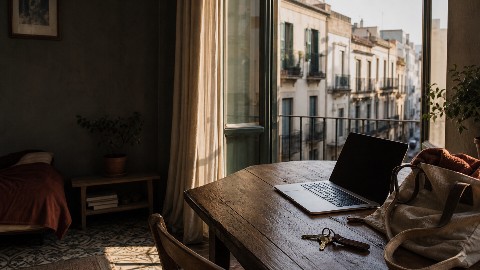 Furnished monthly rental with an open laptop and apartment keys beside a Mediterranean window