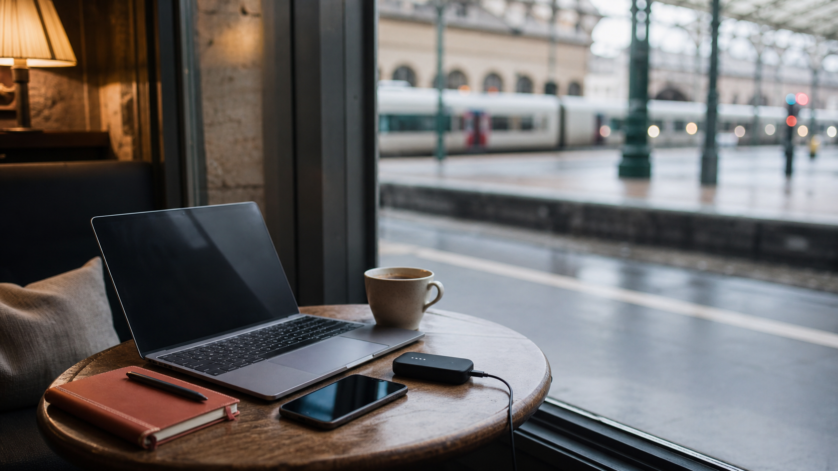 Laptop, phone, and compact mobile hotspot on a cafe table while traveling