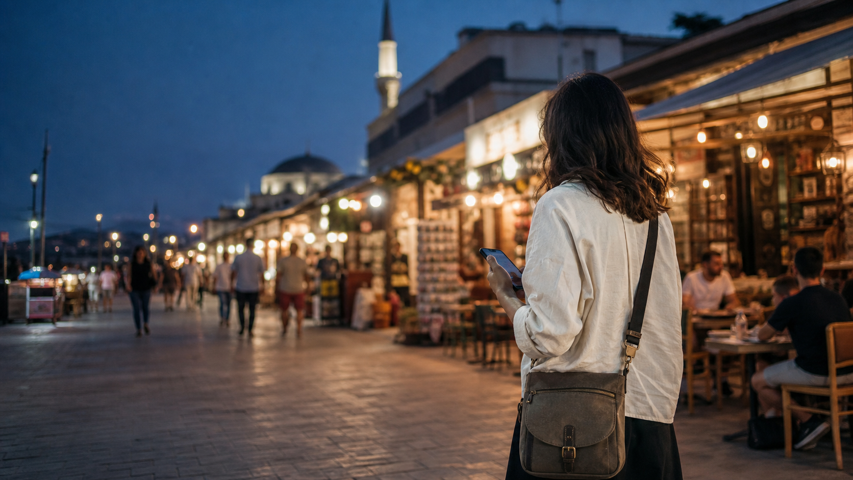 Traveler checking a phone while walking through a well-lit evening market