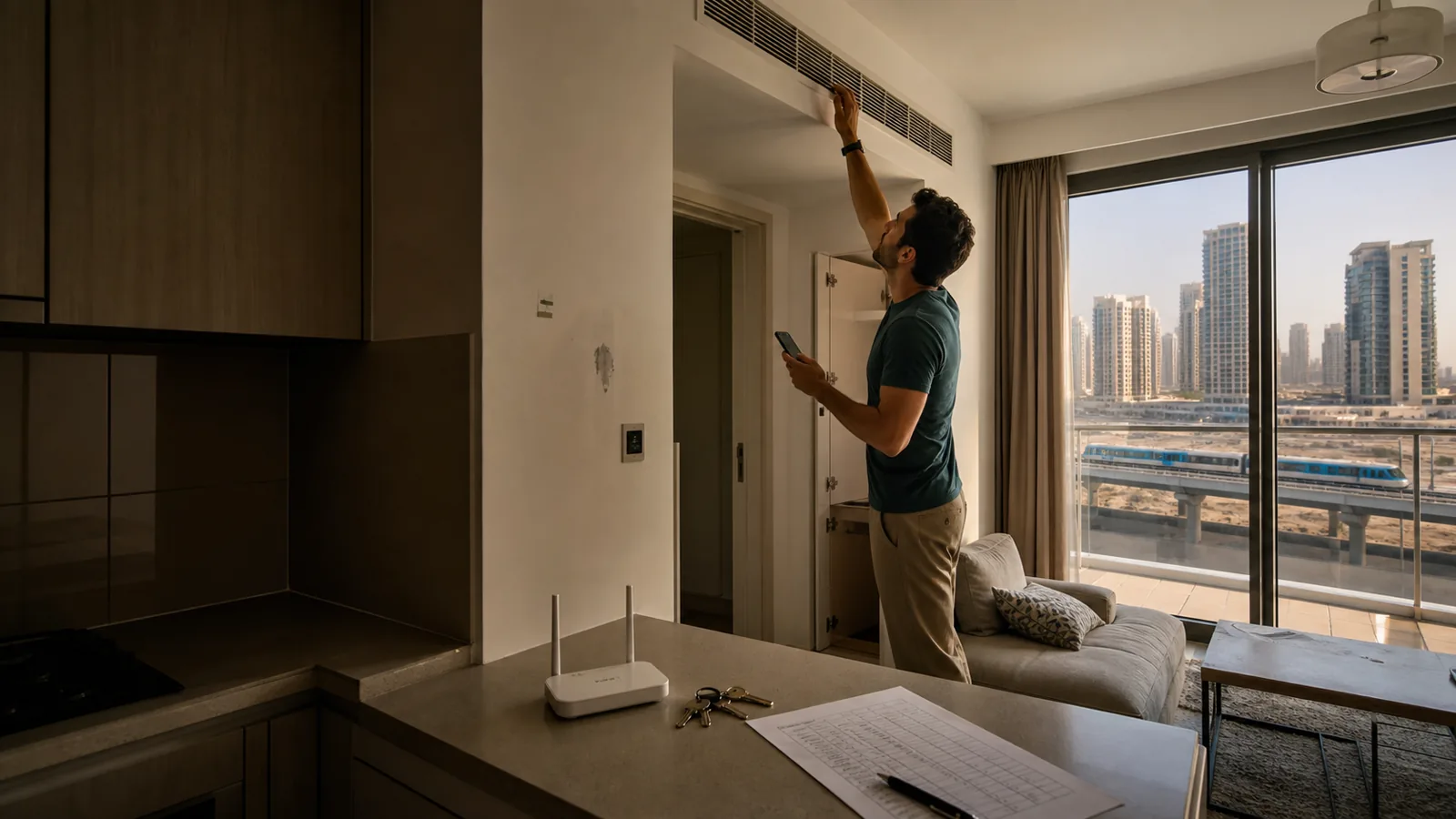 Digital nomad inspecting the air conditioning and inventory in a Dubai apartment