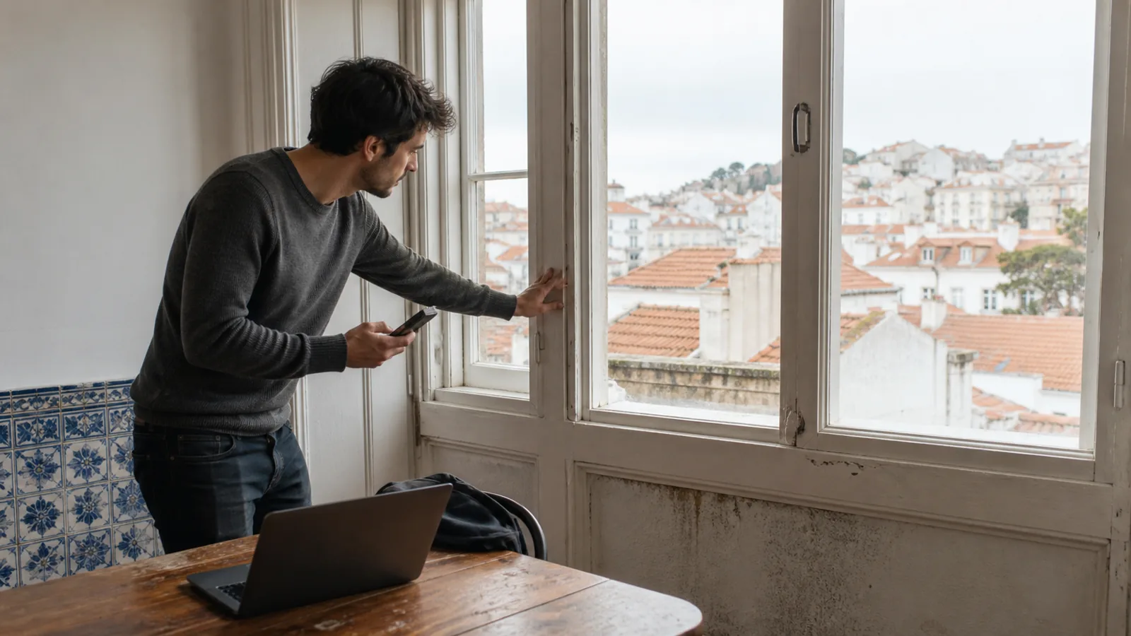 Remote worker inspecting the windows of an older Lisbon rental apartment
