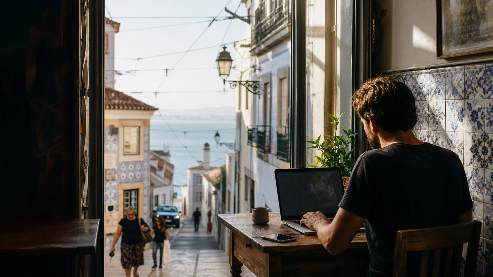 Digital nomad working beside blue and white tiles overlooking a Lisbon street and the Tagus