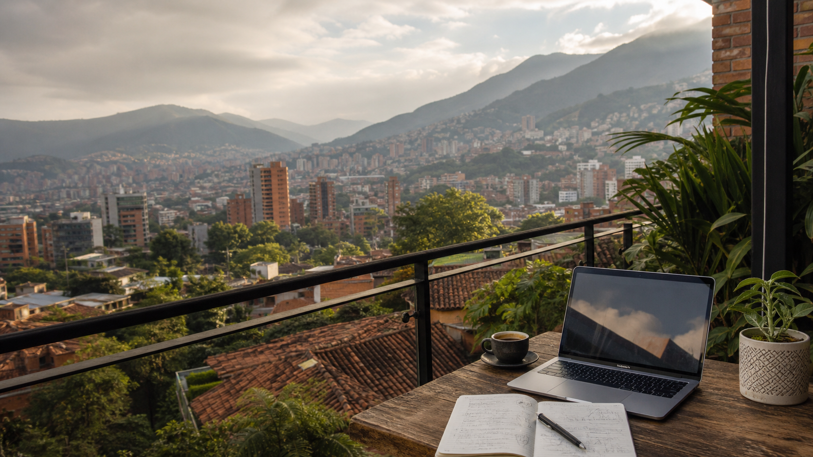 Laptop and notebook on a Medellin terrace overlooking the city and green mountain valley