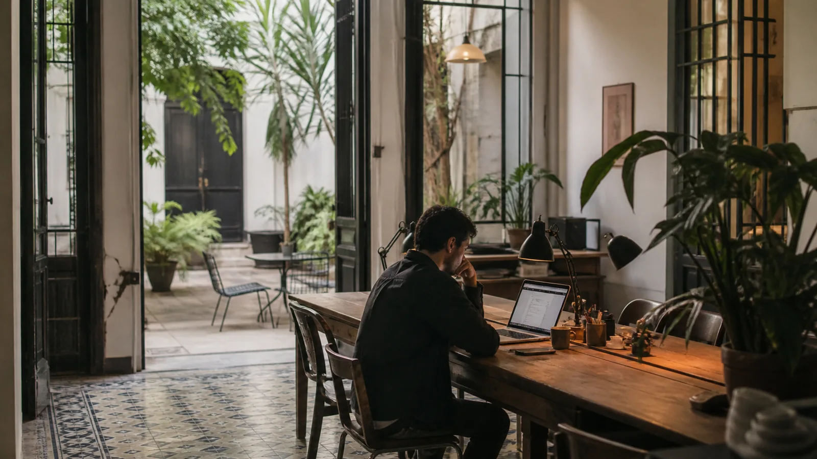 Remote worker in a leafy Roma-style coworking house in Mexico City