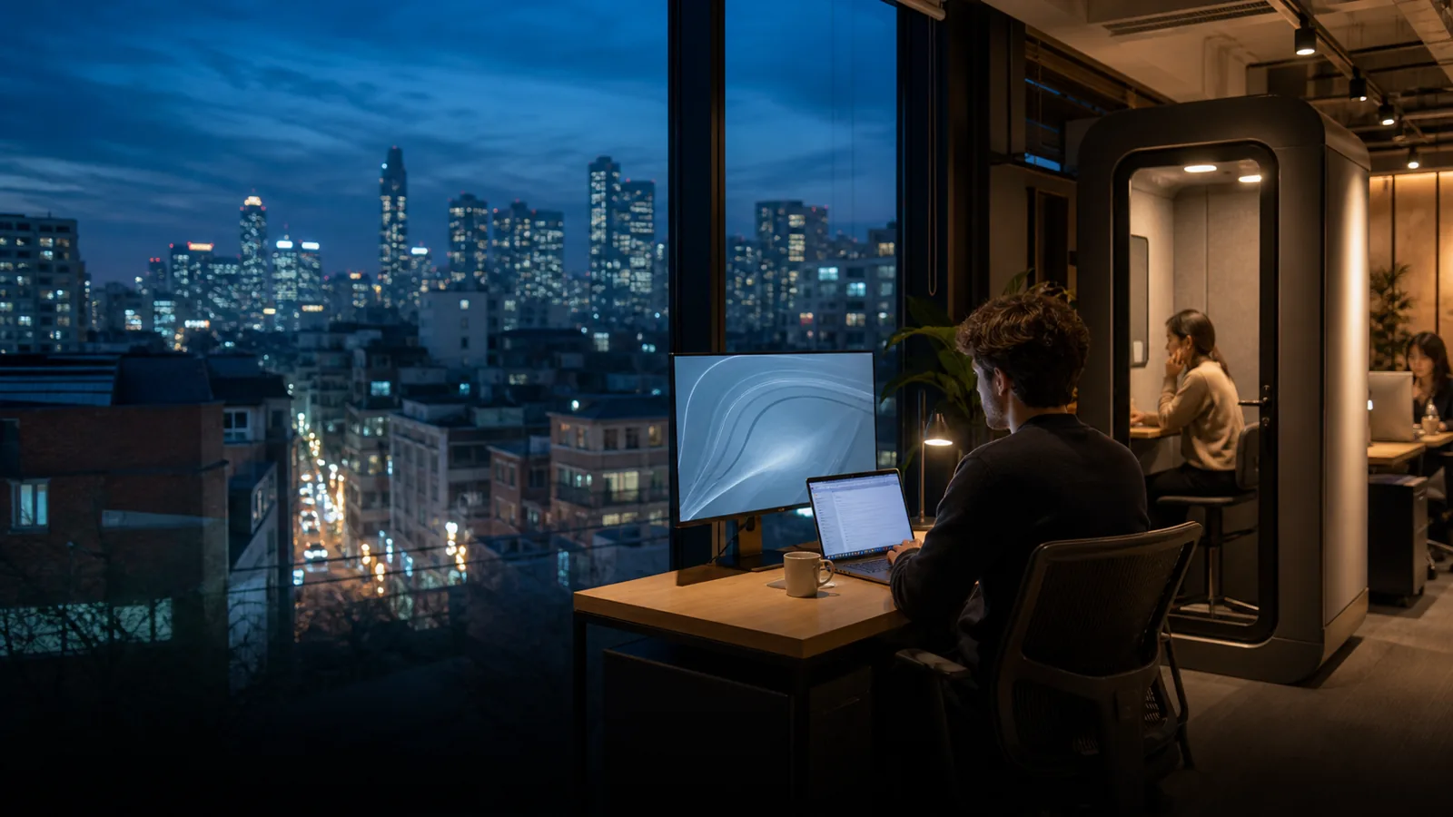 Remote professional working beside a phone booth in a Seoul coworking space at blue hour