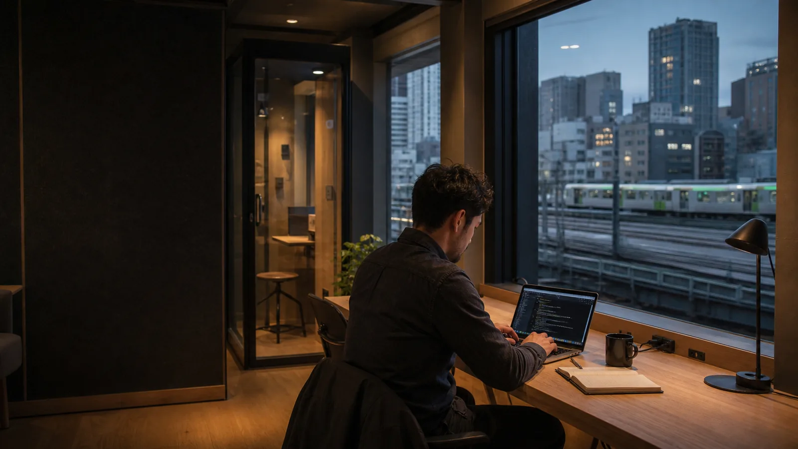 Remote professional working beside Tokyo rail lines in a refined coworking lounge